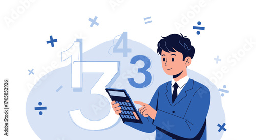 Calculating Finances: Young Professional Uses Calculator with Math Symbols in Modern Design