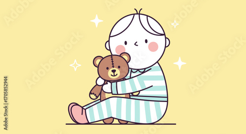 Adorable Toddler Embracing Plush Toy in Cartoon Illustration with Delightful Sparkle Effect