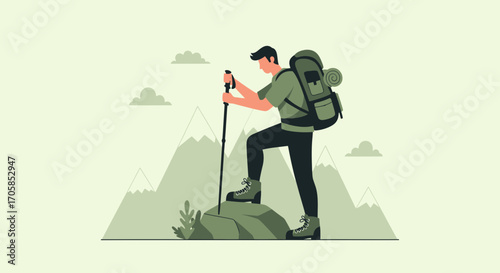 Adventurer Climbs Mountain, Reaching Pinnacle, Hiking Person, Landscape Adventure Illustration