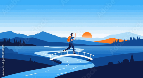 Adventurer Crossing a Scenic Bridge Towards a Brilliant New Day With Mountains