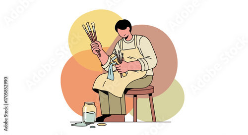 Artist Crafting Art Piece, Focusing On Painting Tools For Artistic Endeavors