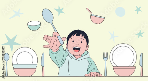 Cheerful Dining: A Child Reaching For Lunchtime Utensils With Excitement