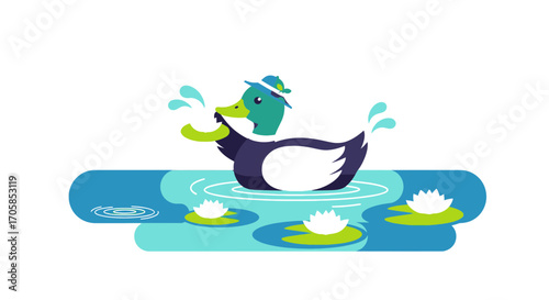 Cheerful Duckling Relaxing On A Pond With Water Lilies In A Playful Artistic Scene