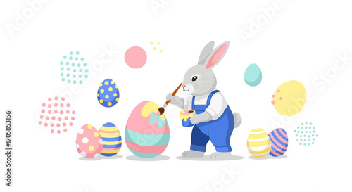 Cheerful Easter Bunny Decorating Eggs with Bright Colors and Fun, Unique Decorations