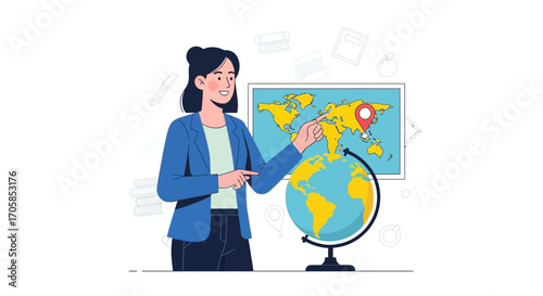 Cheerful Educator Pointing At A World Map And Globe To Explain Geography Lessons