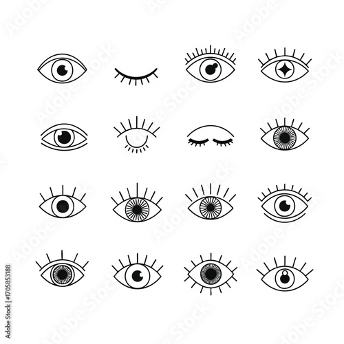 A collection of handdrawn esoteric eye symbols in a minimalist doodle style featuring various open closed and winking expressions.
