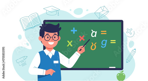 Cheerful Educator Teaching Mathematics In Front Of A Chalkboard With Visual Elements, Vector Style