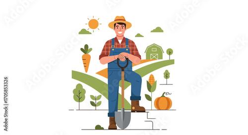 Cheerful Farmer Holding Shovel Standing Proudly in Vegetable Garden with Barn and Sun