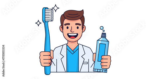 Smiling Dentist Holding Toothbrush and Toothpaste for Oral Hygiene.