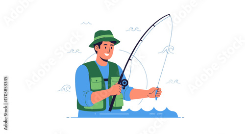Cheerful Fisherman Casting Fishing Rod on the Water Cartoon Illustration Isolated
