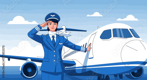 Cheerful Female Pilot Waving Hand in Front of Airplane Ready For Flight