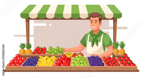 Cheerful Fruit Vendor Presenting Assortment Of Goods At A Local Market Stand