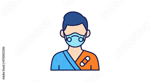 Illustrated Person with Face Mask and Arm Bandage Icon.