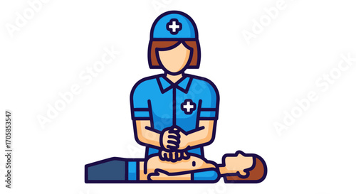 A colorful icon of a paramedic performing CPR chest compressions on an unconscious patient.
