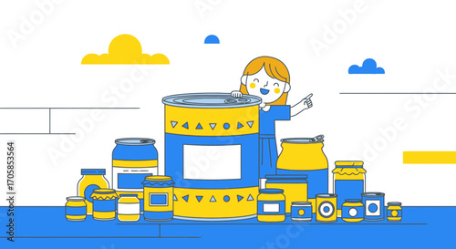 Cheerful Girl Among Food Storage Containers in a Vibrant Artistic Vector Composition