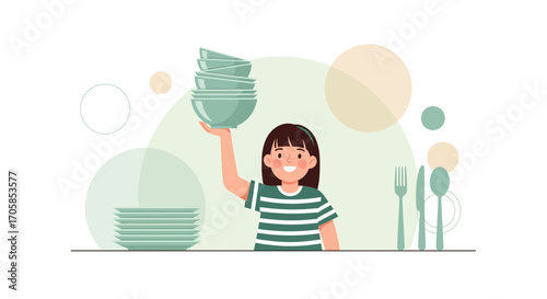 Cheerful Girl Balancing Bowls and Plates, An Illustration for Kitchen-Related Themes