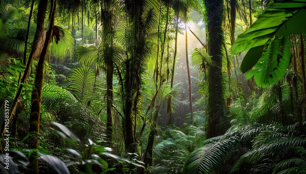 Fototapeta premium Dense Tropical Rainforest With Lush Vegetation And Vibrant Life