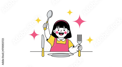 Cheerful Girl Ready To Eat, Celebrating Dinner, Table Prepared, Vibrant Illustration