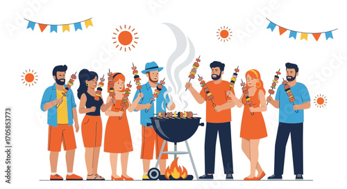 Cheerful Group Enjoying Grilling, Skewers, And Gathering During Summer Evening