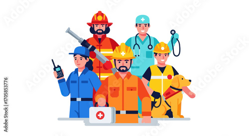 Diverse Group of Essential Service Workers Posing Together.