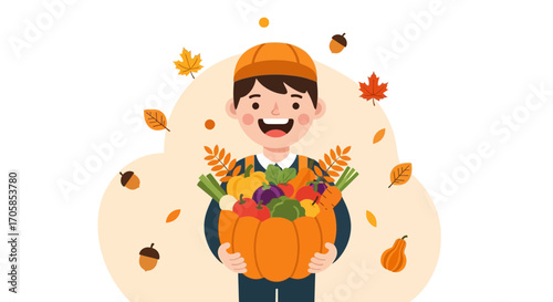 Cheerful Harvest Celebration: A Smiling Person Holding a Pumpkin Filled with Fresh Produce