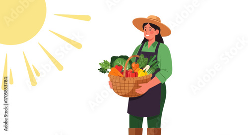 Cheerful Harvester with Ripe Vegetables in a Wicker Basket Under Bright Sunshine