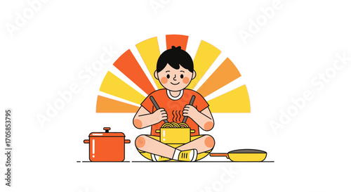 Cheerful Illustrated Person Cooking Pasta, Showing a Happy Individual in Daily Activity
