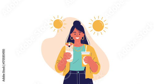 Cheerful Lady Enjoying a Wrap and Refreshment During a Sunny Daybreak