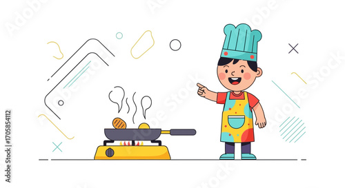 Cheerful Little Chef Cooking Meal, Ready To Serve And Sharing Enthusiasm With A Smile