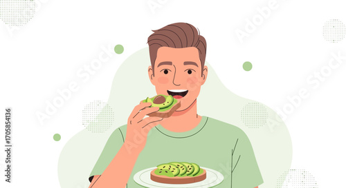 Cheerful Man Enjoying Avocado Toast While Smiling, Sharing Food, Healthy Lifestyle
