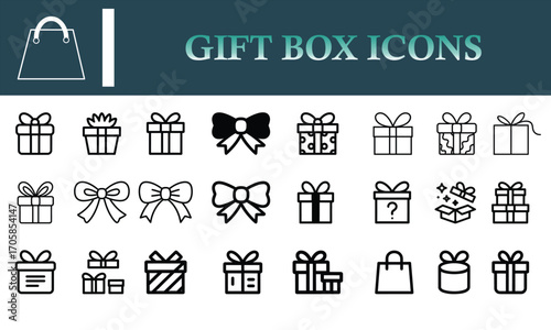 Black and white gift box and shopping icon set featuring 25 minimalist designs of wrapped presents, bows, bags, and festive elements