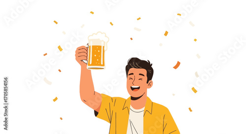 Cheerful Man Celebrating With Beer, Joyful Toast Amidst Falling Confetti Animation