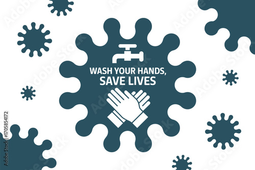 Washing hands graphic with virus shapes promoting hygiene and safety