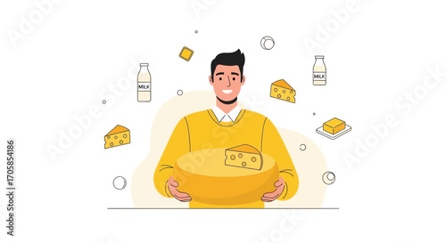 Cheerful Man Displays Delicious Cheese Wheel And Dairy Products With Delightful Smile