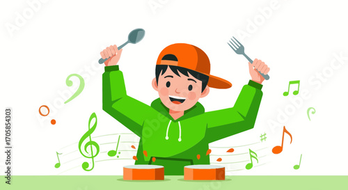 Cheerful Musician: A Playful Depiction of Culinary Rhythms and Harmonic Instruments