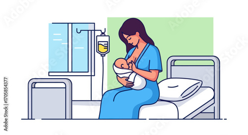 Mother breastfeeding newborn baby in hospital bed with IV drip.
