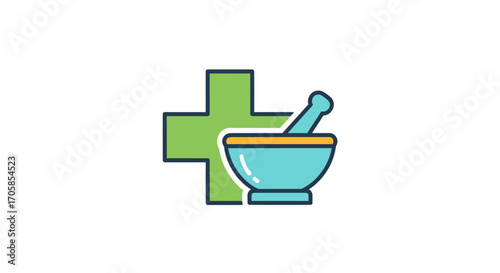 Green Cross and Blue Mortar and Pestle Icon for Pharmacy and Medicine.