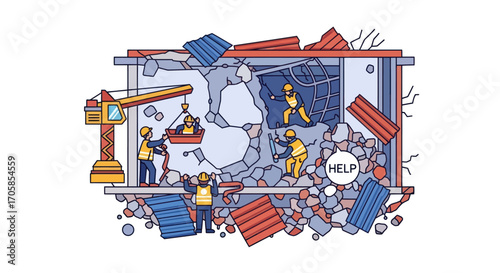 Emergency rescue team with a crane working in the rubble of a collapsed building.