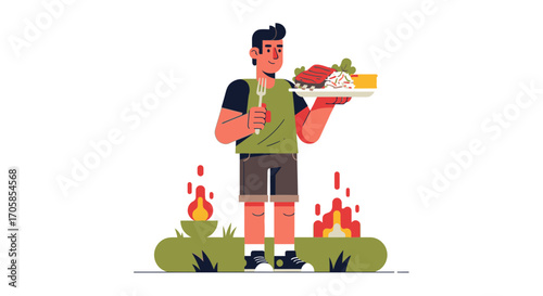 Cheerful Person Enjoying Food at a Summer Barbecue Gathering Outdoors with Flames