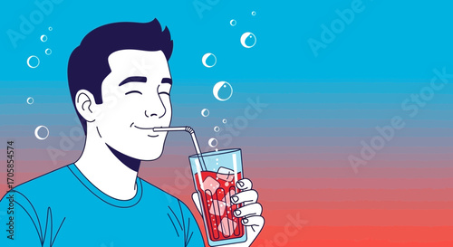 Cheerful Person Drinks Refreshing Beverage, Blue And Red Background With Bubbles Illustration