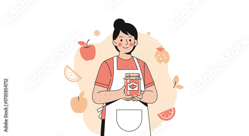 Cheerful Person Offering Homemade Jam In Simple Color Palette, Charming Illustration