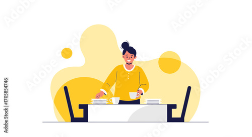 Cheerful Person Preparing Beverage at A Desk with Digital Assets In A Modern Style