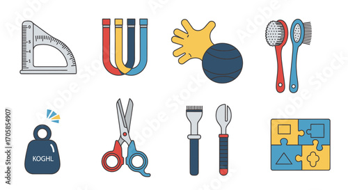 Collection of Various Colorful Educational Tools and Supplies for Kids.