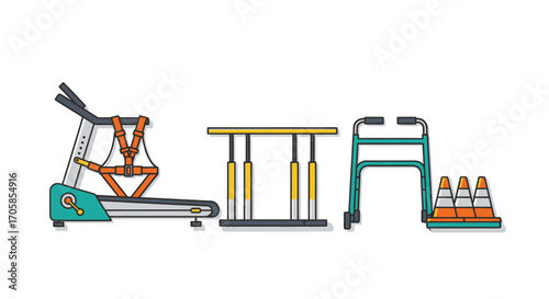 Treadmill parallel bars and walker for physical therapy and exercise.