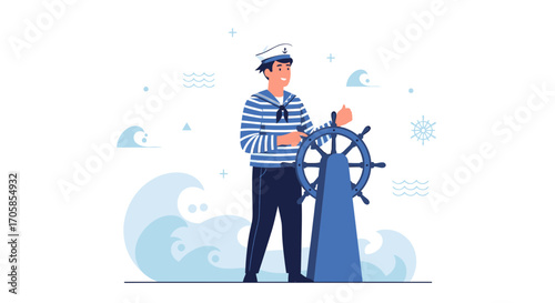 Cheerful Sailor Steers Ship Wheel, Vector Illustration for Nautical and Maritime Design