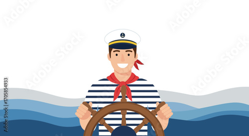 Cheerful Sailor Steers Ship Wheel, Enjoying Maritime Adventure on Ocean Waters