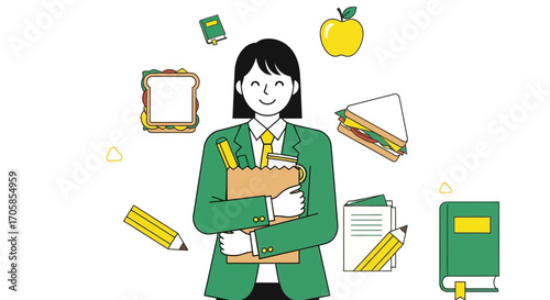 Cheerful Schoolgirl Holding Lunch And Stationery Items For Education And Nutrition