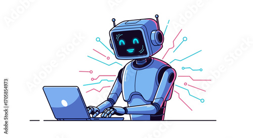 Cheerful Robot Working On A Laptop Representing Innovation And Technological Advancement