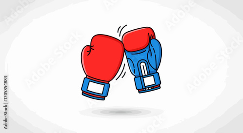 Cartoon Boxing Gloves Clashing in Mid-Air Red and Blue.