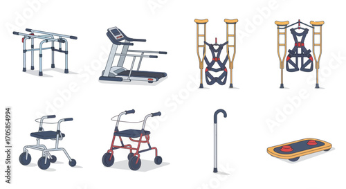 Diverse Rehabilitation Mobility and Fitness Equipment Collection.